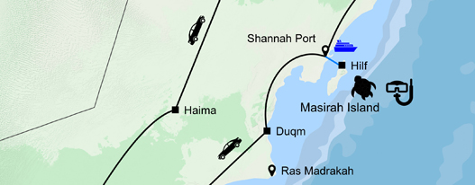 Routenkarte Oman Küste Wüstenstraße
